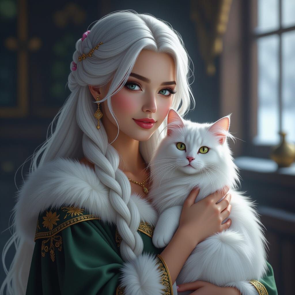 Photorealistic Portrait of Woman with White Hair and Cat