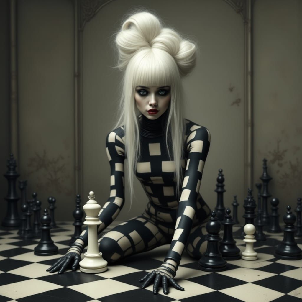 Surreal Fashion Icon on Chessboard in Moody Atmosphere