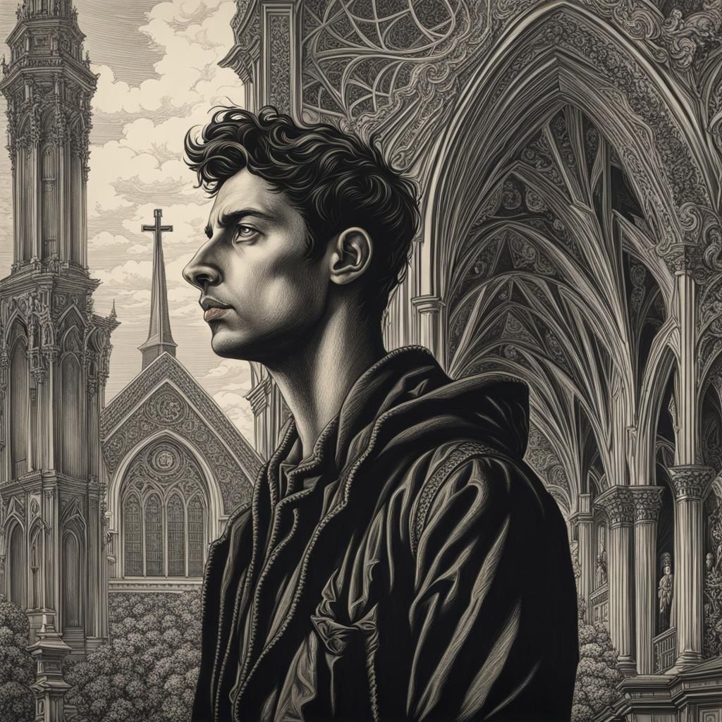 Despairing Young Man Portrait in Church Setting