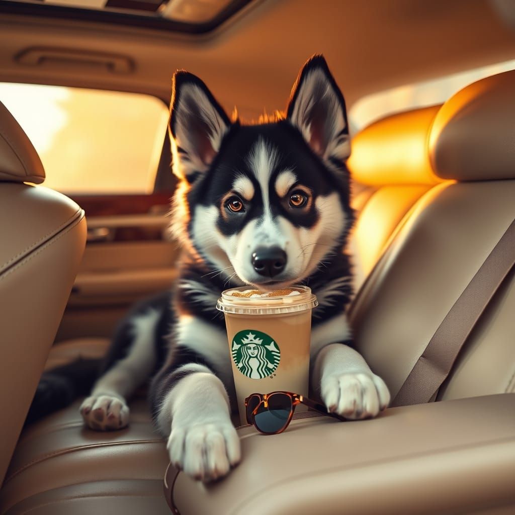 Husky Puppy Lounging in Limo with Latte