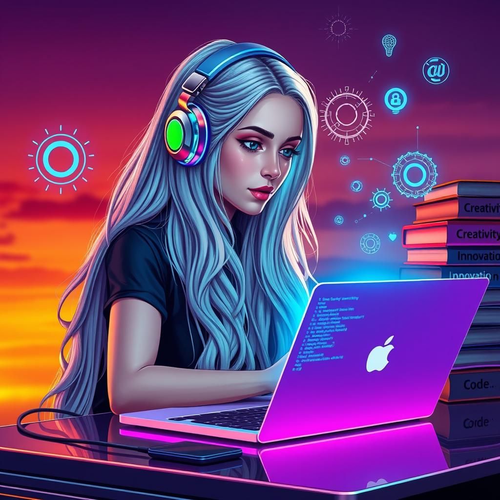Girl Coding with Neon Laptop in Vaporwave Style