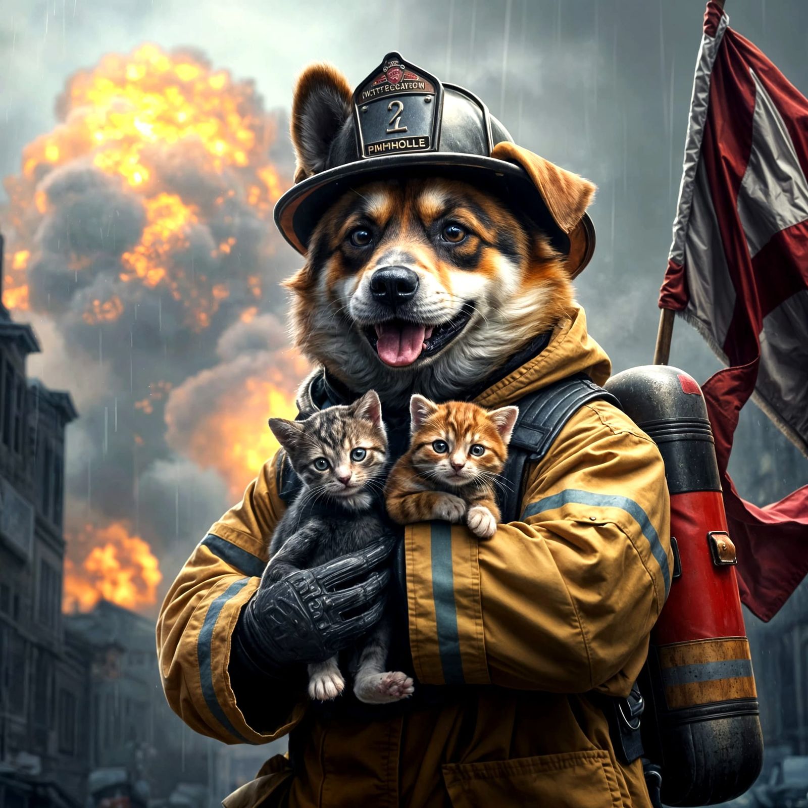 Realistic Dog Fireman Rescues a Kitten Amidst a Desolate Cit...
