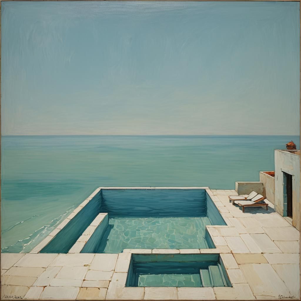 Minimalist Pool and Ocean in Cubist Style