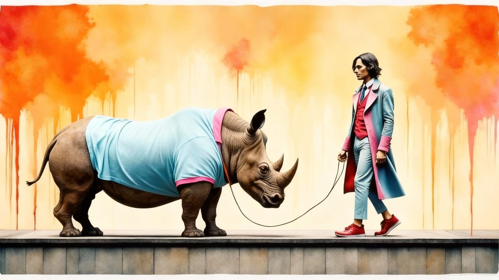 Man in Tuxedo Walks Pet Rhinoceros in Watercolor Style