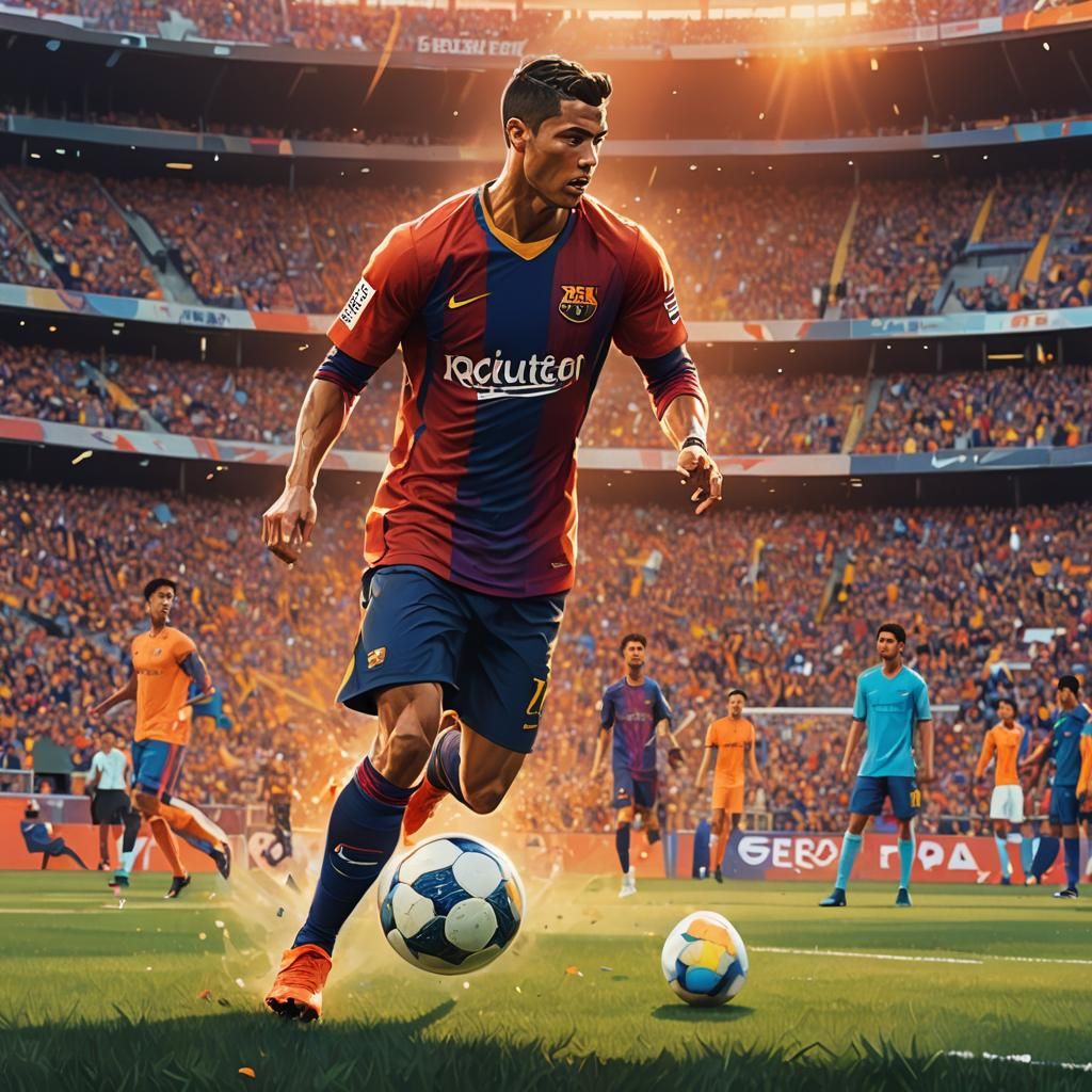 Ronaldo Kicking Glowing Ball in Barcelona FC Art