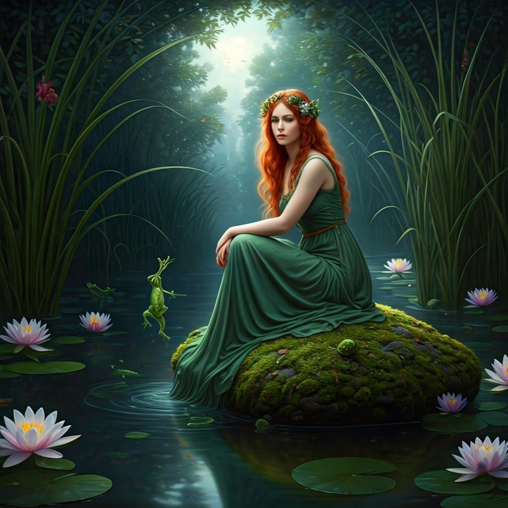 Serene Forest Nymph in a Moonlit Frog Pond
