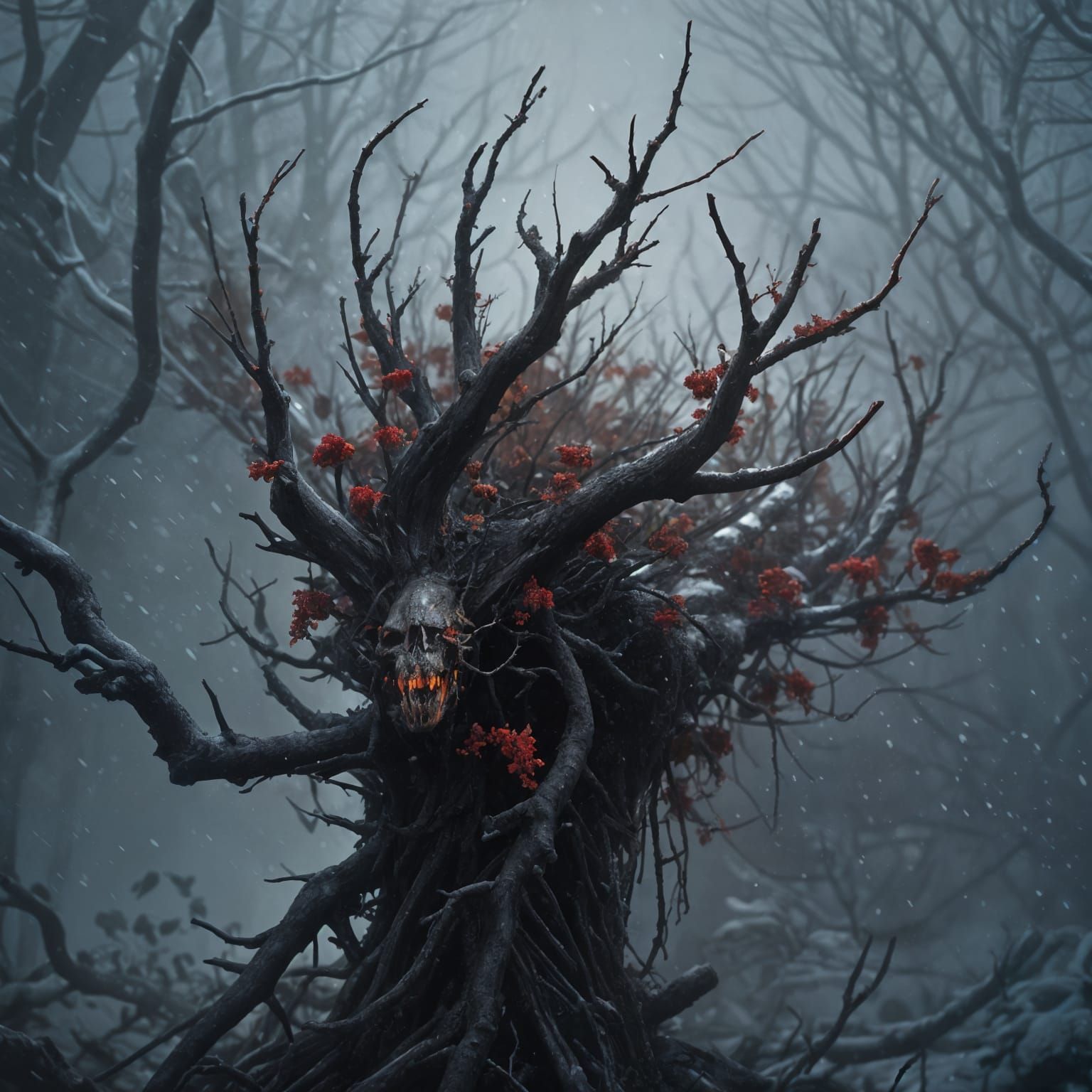 Gnarled Winter Cherries in Blizzard