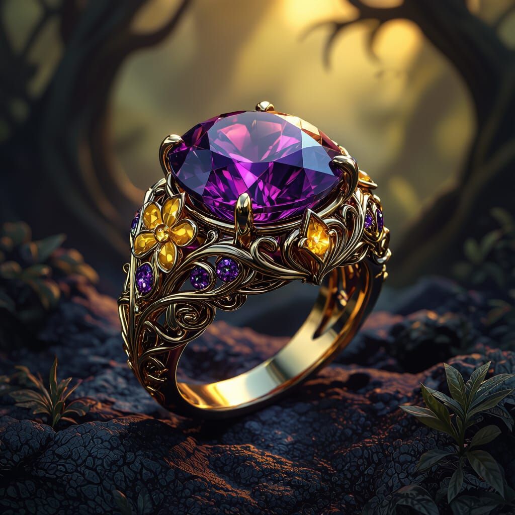 Intricate Purple Stone Ring in Dark Fantasy Style