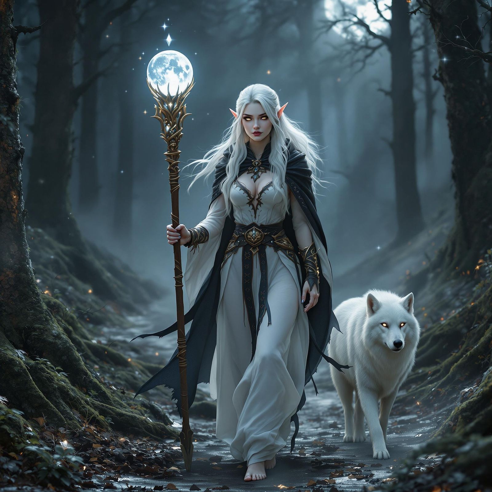 Silver Elf Druidess in Moonlit Fantasy Forest