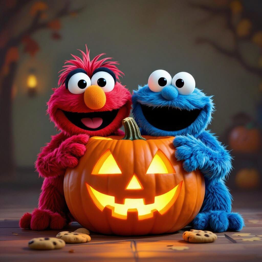 Elmo and Cookie Monster Behind Jack-o'-Lantern