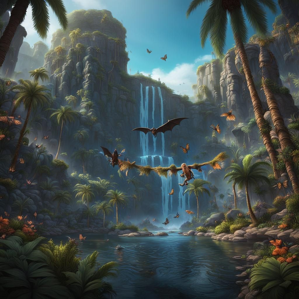 Fantasy Waterfall Scene with Bats and Butterflies