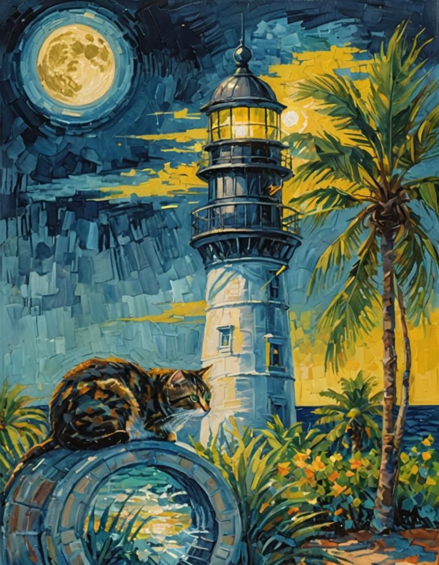 Key West Lighthouse with Cat, in Gouache Style