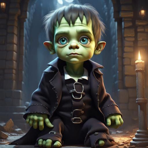 Adorable Toddler as Frankenstein: Detailed Matte Painting