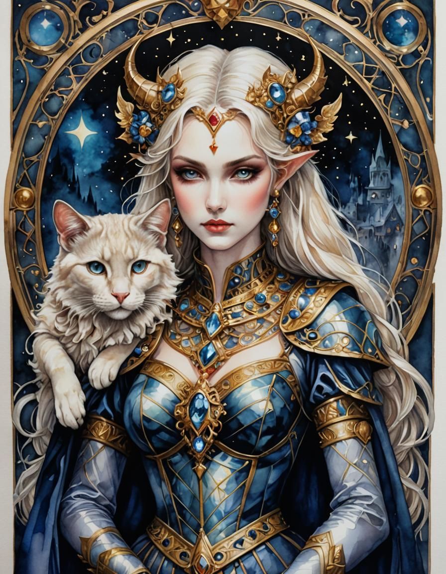 Intricate Watercolor Goddess on Noctilucent Twilight Sky