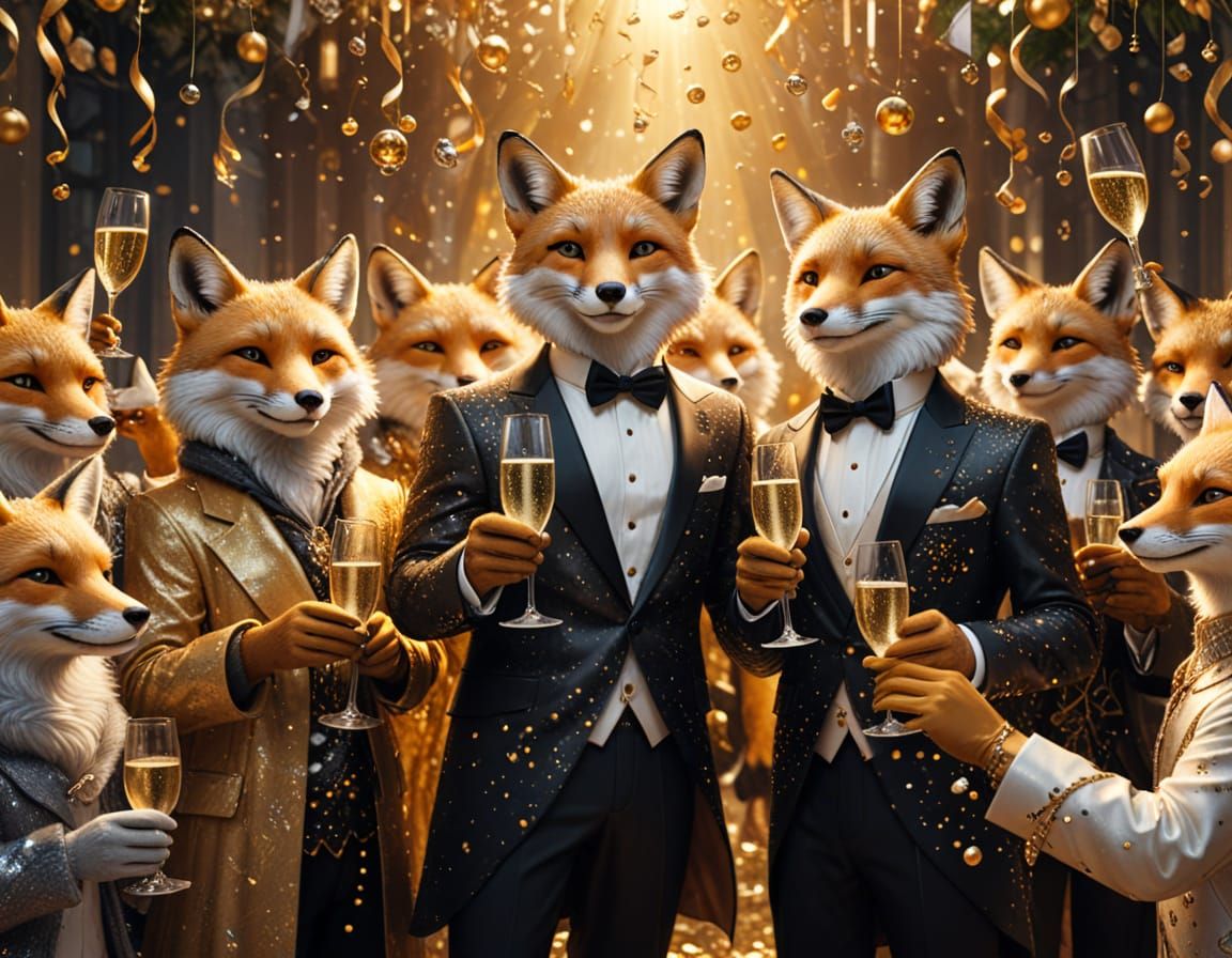 Anthropomorphic Foxes Toasting New Year 2026