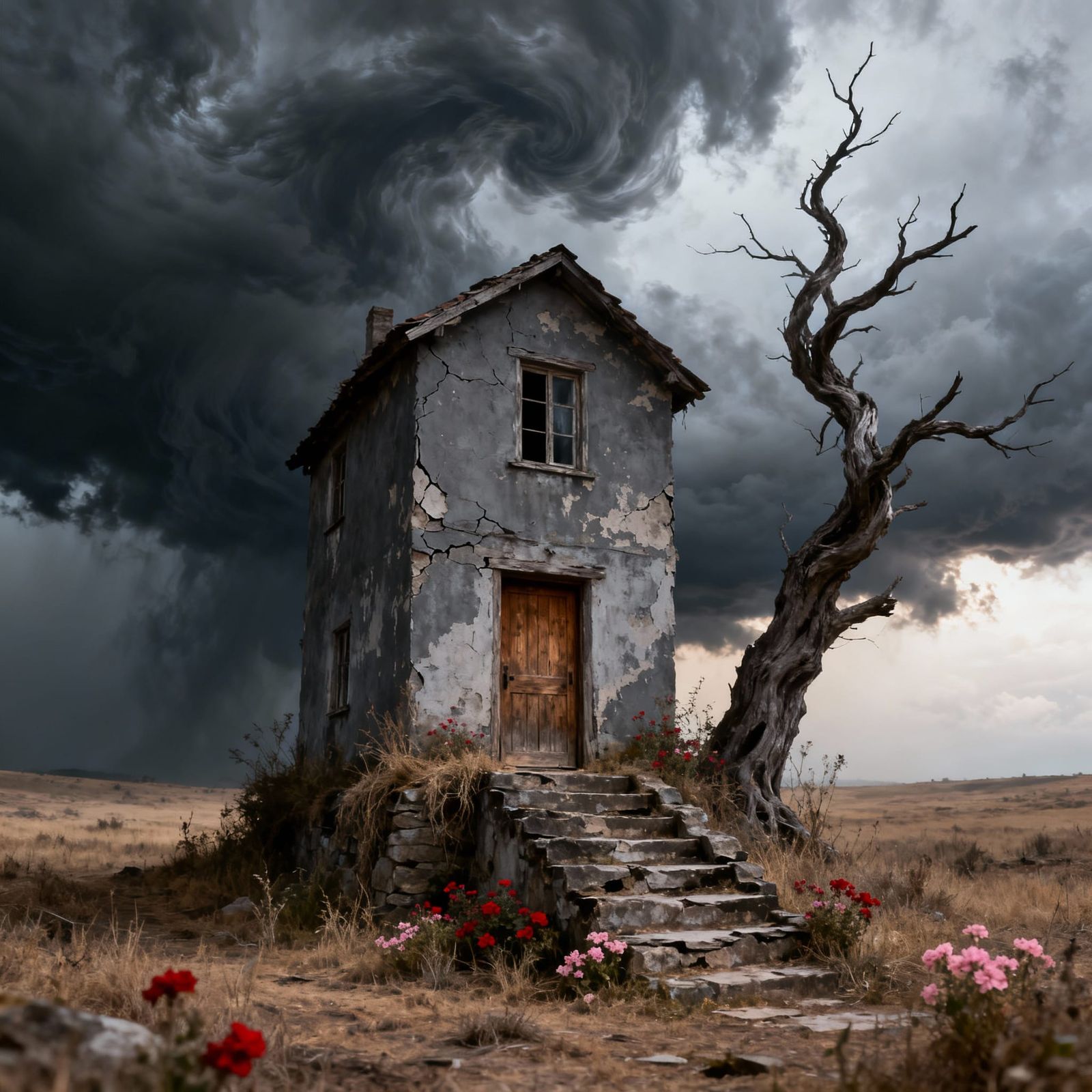 Dilapidated Cottage Under Stormy Sky