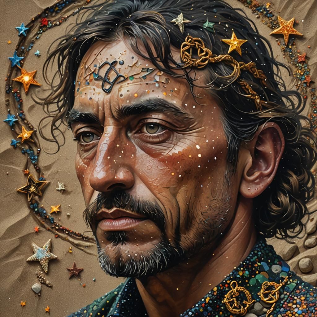 Pointillist Self-Portrait: Face Emerging in Starry Night