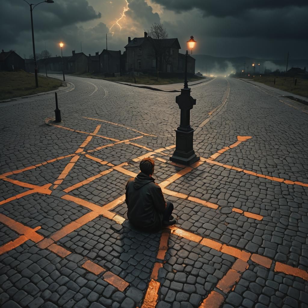 Crossroads Dilemma: Surreal Dystopian Fauvist Expressionism