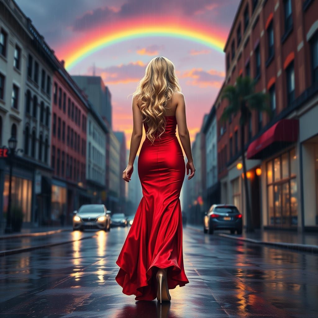 Elegant Blonde Goddess Strolls Down Rainy Street in Hyper-Re...