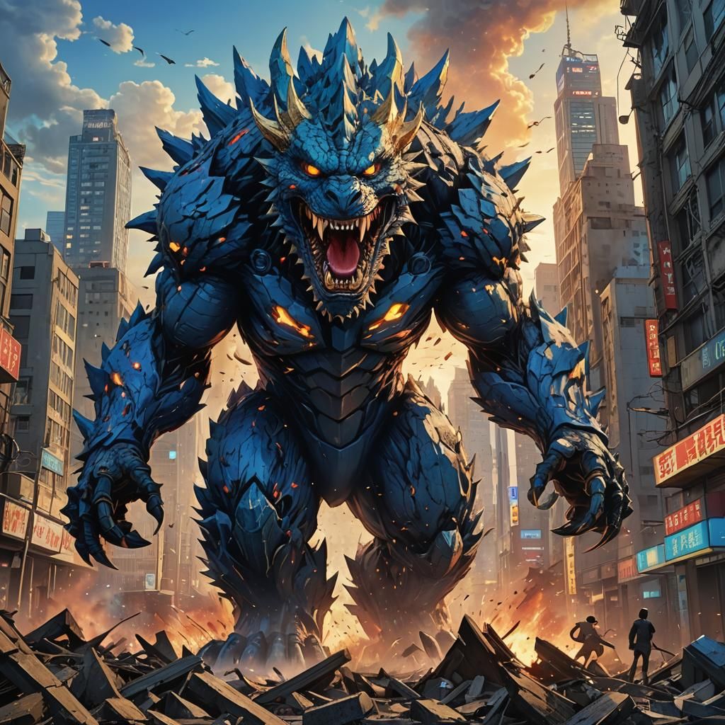 Kaiju Monster Roars in Anime-Style Cityscape