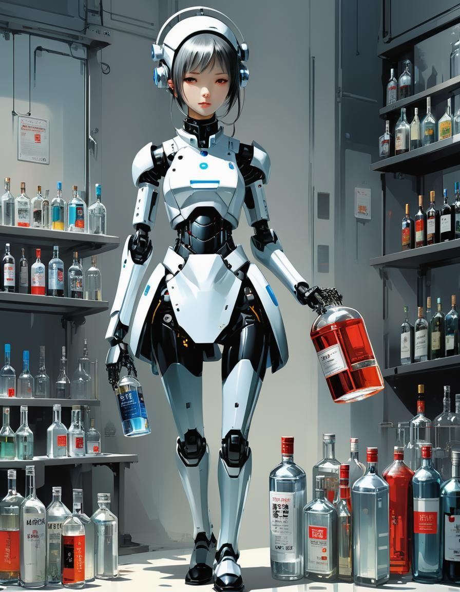 Maid Robot with Vodka: Cybernetic Manga Illustration