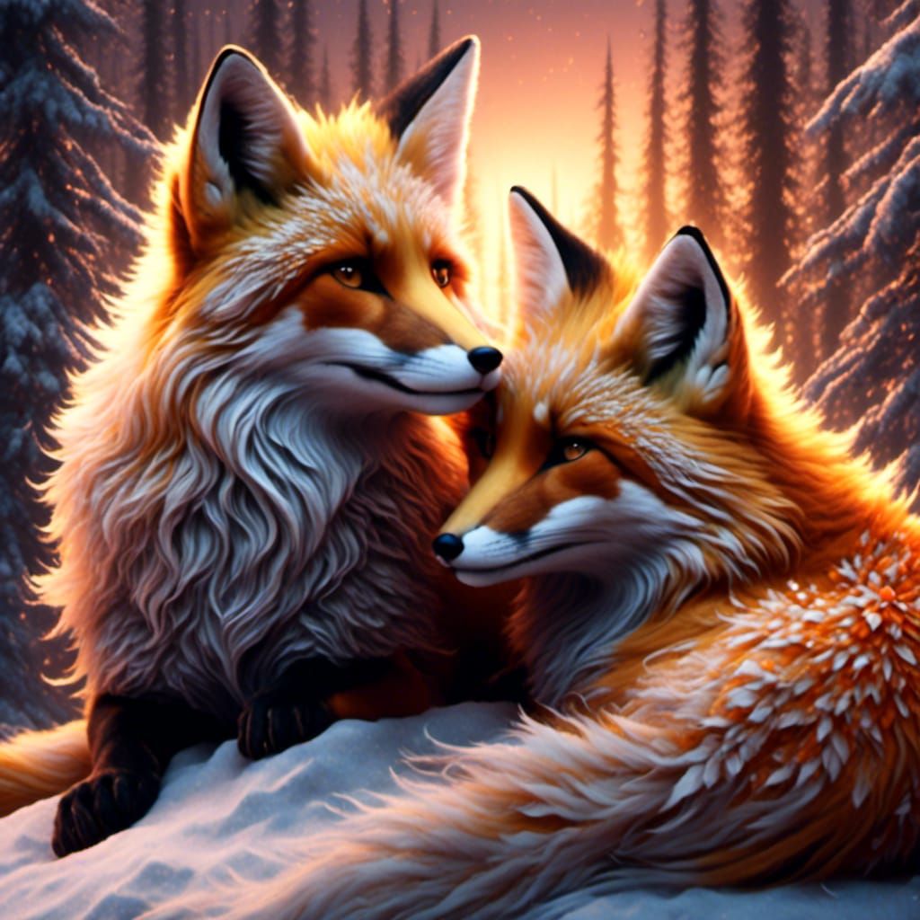 Golden and Silver Foxes at Sunset