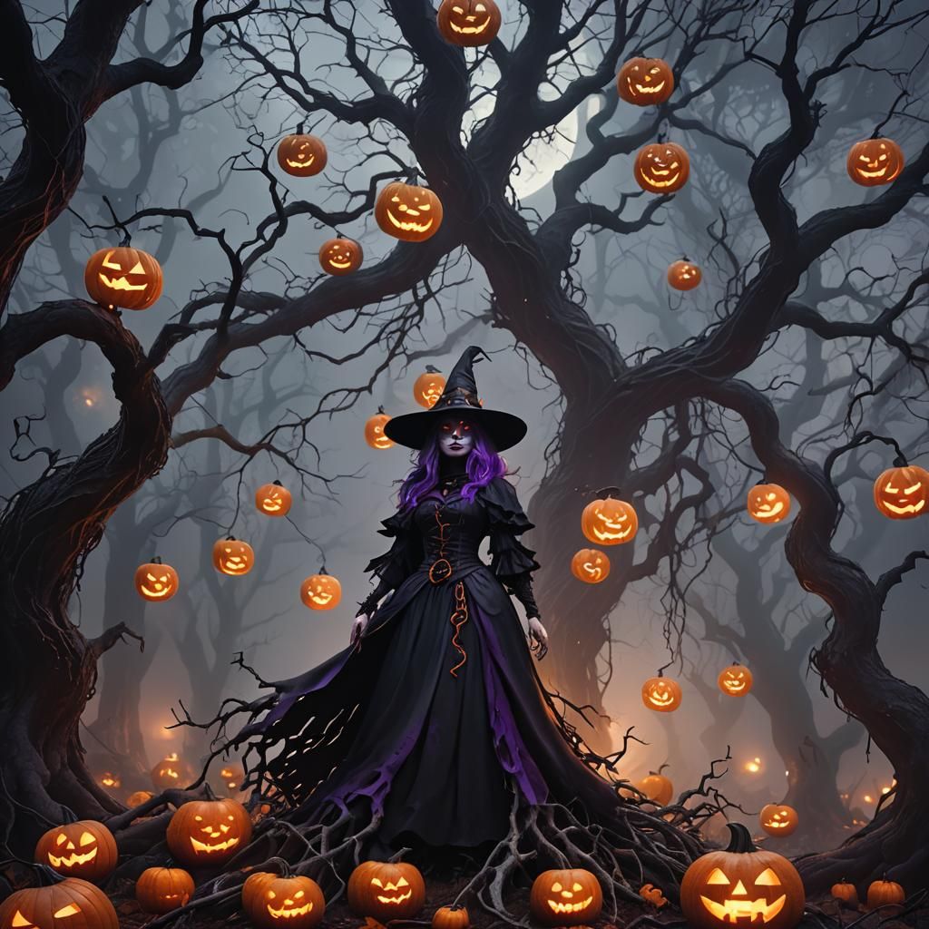 Halloween Witch in Dark Fantasy Forest
