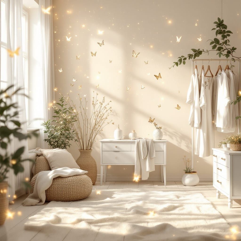 Magical White Room with Floating Clothes in Pixar Style