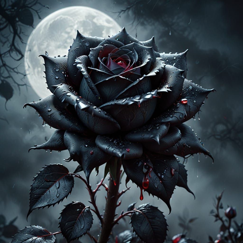 Eerie Black Rose with Blood in Dark Fantasy Art