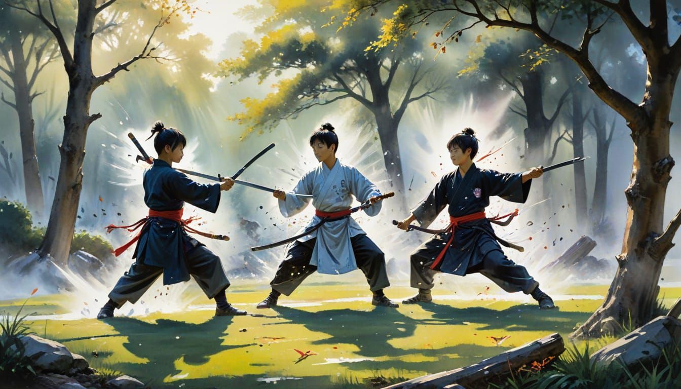 Sumi-e painting of intense Young wuxia boys practice with fo...