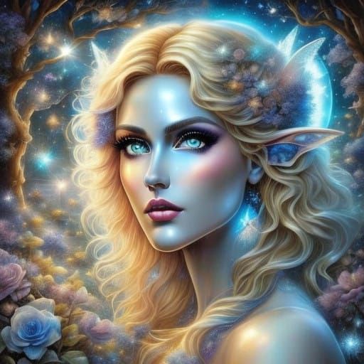 Heavenly Angel in Moonlit Garden with Metallic Sheen