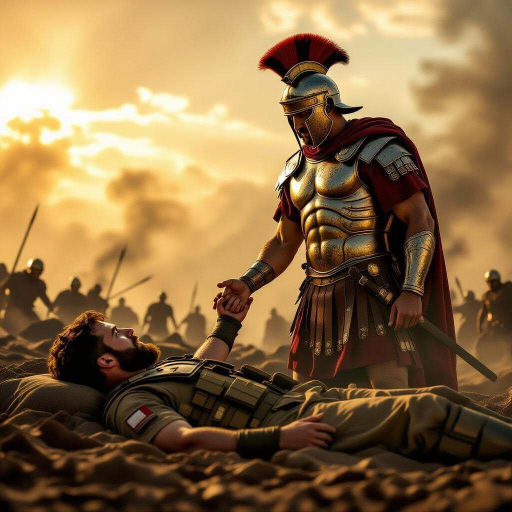 Emotional Battlefield Scene: Modern Soldier and Ancient Warr...