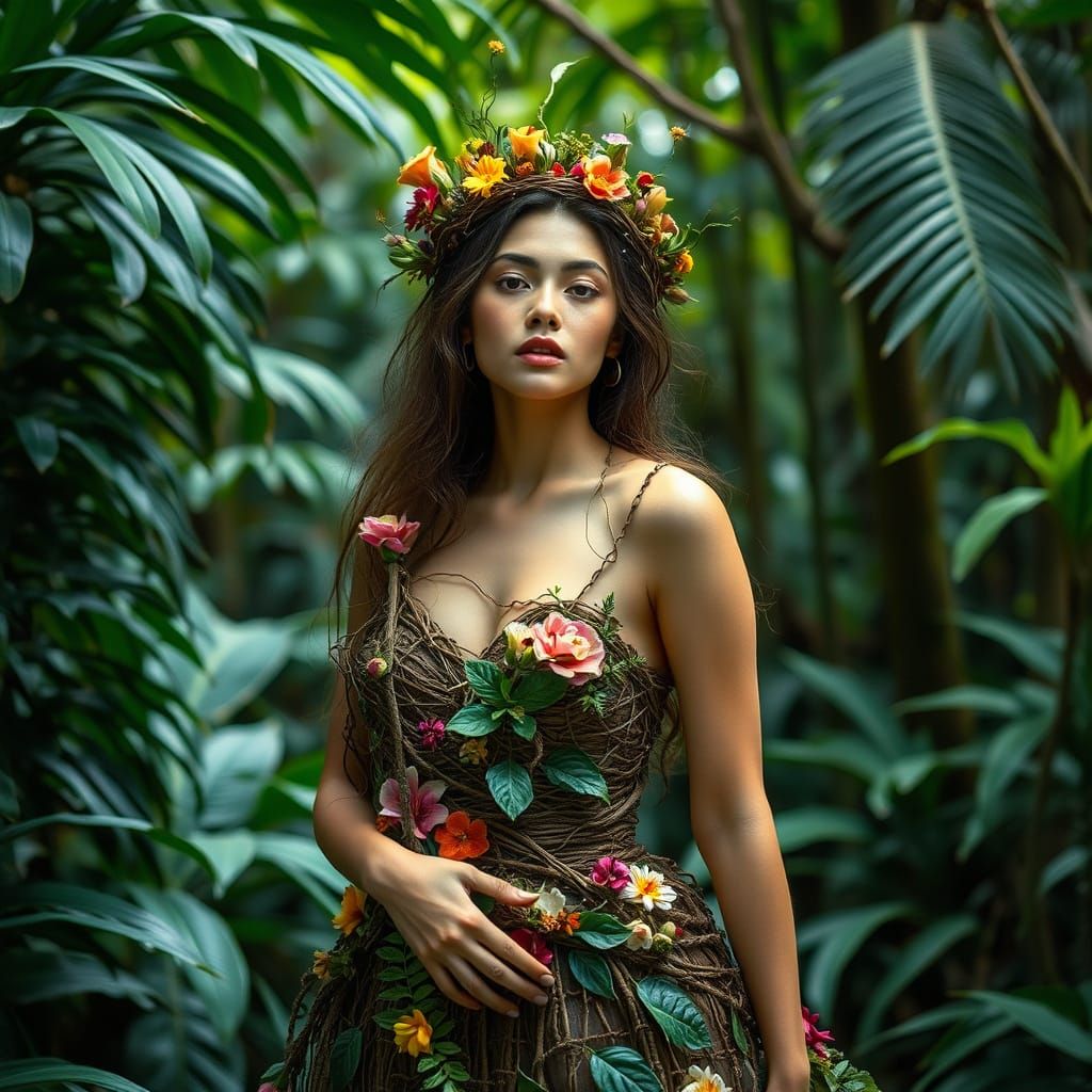 Ethereal Model in Floral Gown, Surrealist Fashion