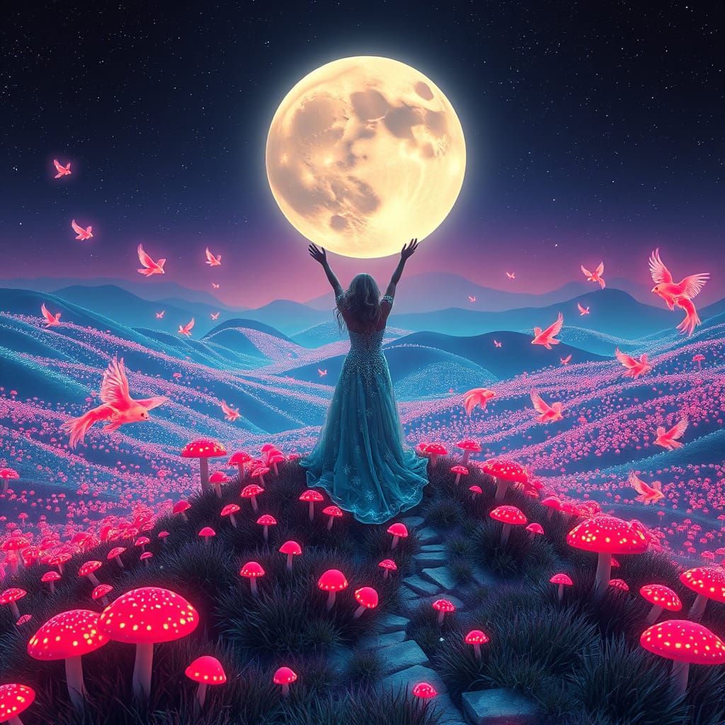 Mariah Carey in Neon Mushroom Field Under Mushroom Moon