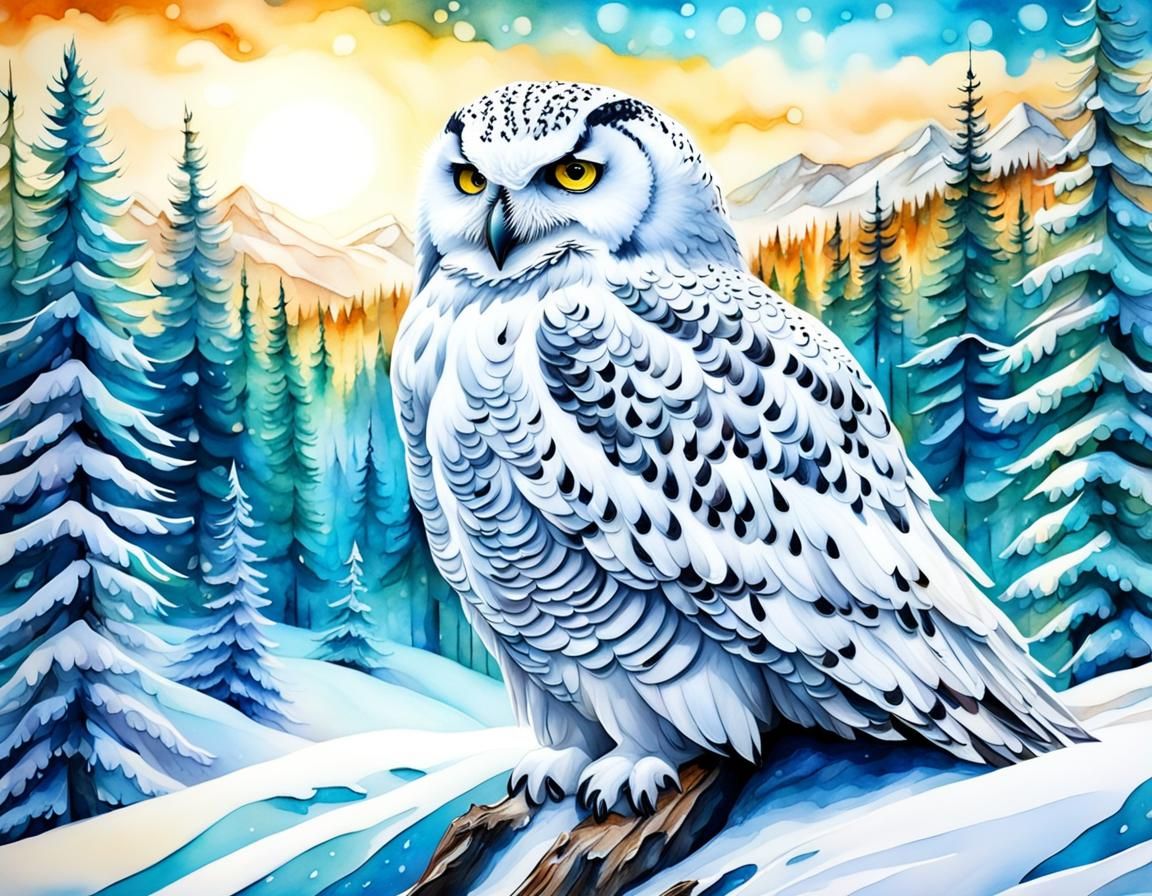 Stunning Snowy Owl in Winter Landscape, Alcohol Ink Style