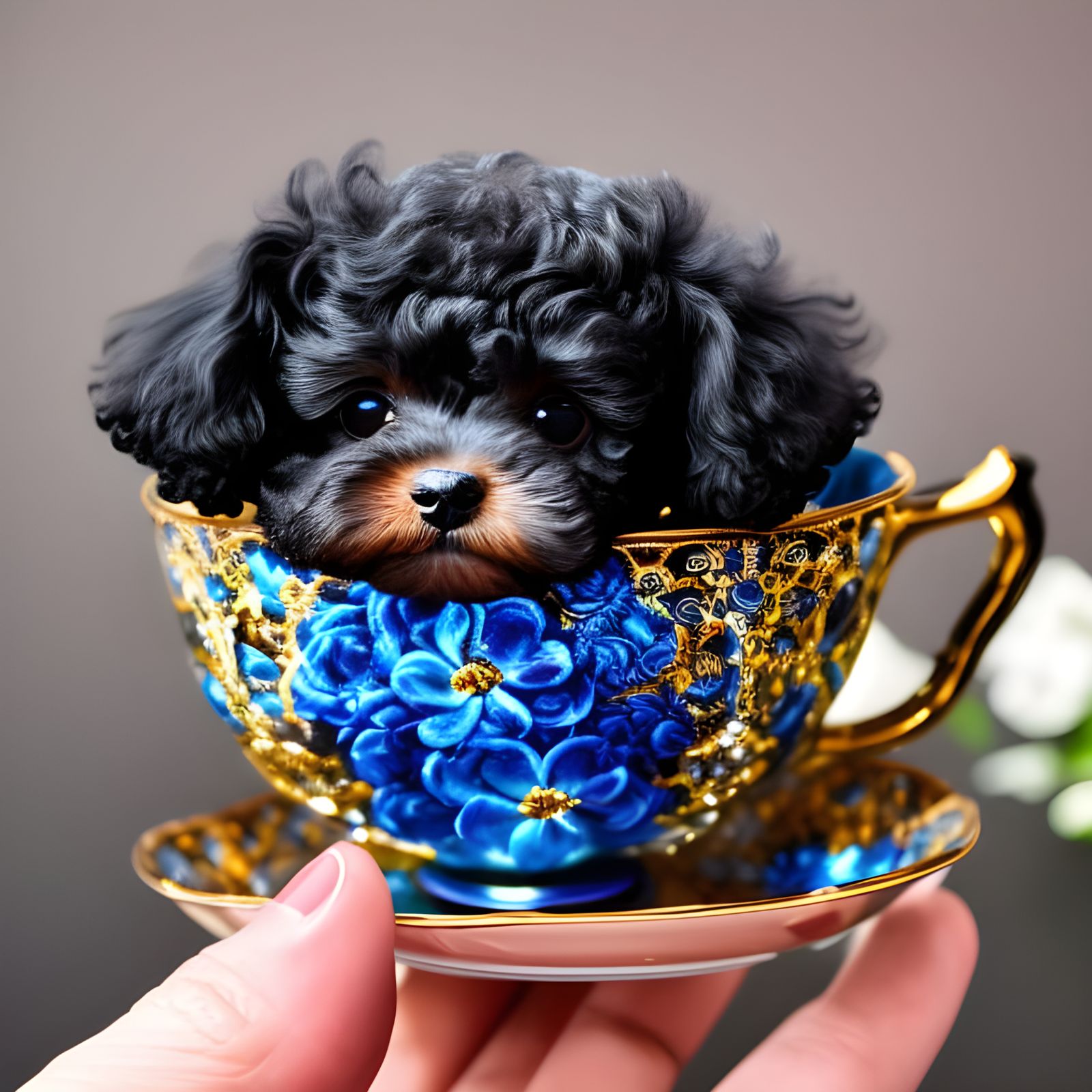 Expressive Poodle in Teacup with Japanese Background