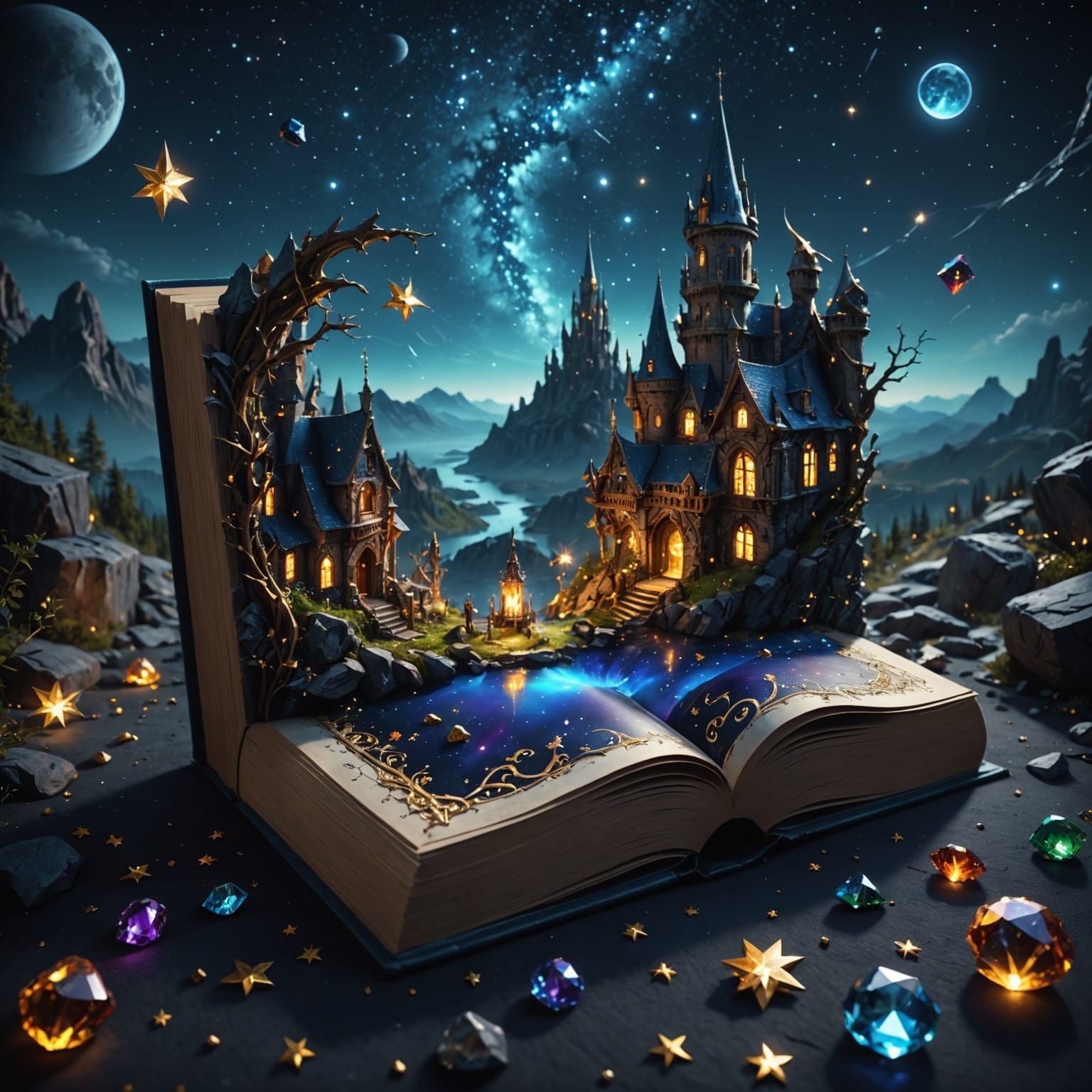 Surreal Book Cover Unfolds Under Starry Night Sky
