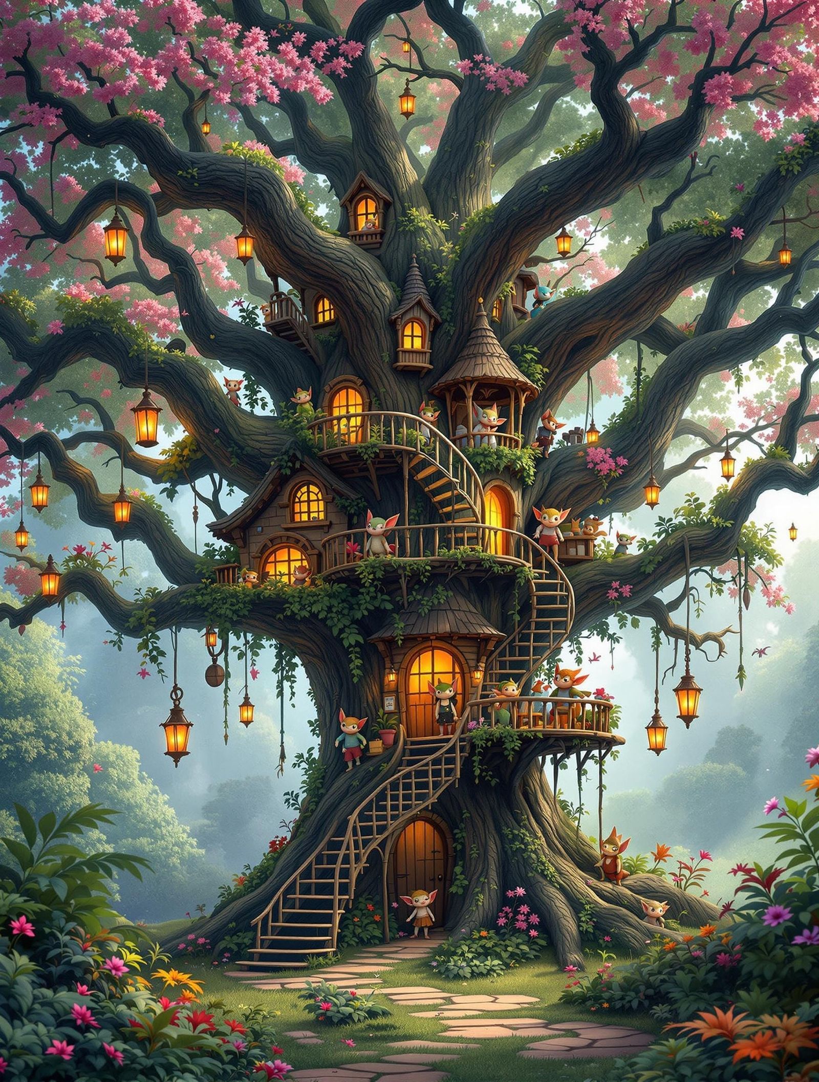 Enchanted Gremlin Treehouse Amidst Vibrant Forest
