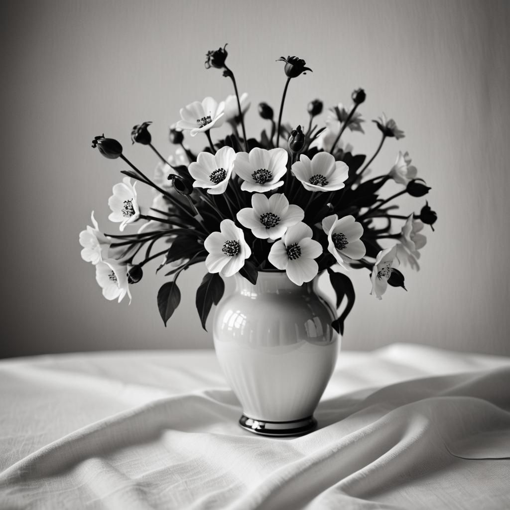 Monochrome Macro Photograph of Flowers in Porcelain Vase
