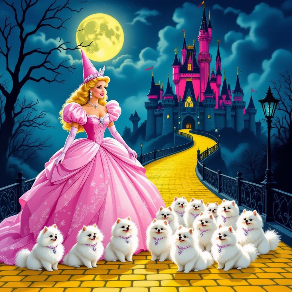 Glinda the Good Witch with Pomeranians Before Gothic Castle