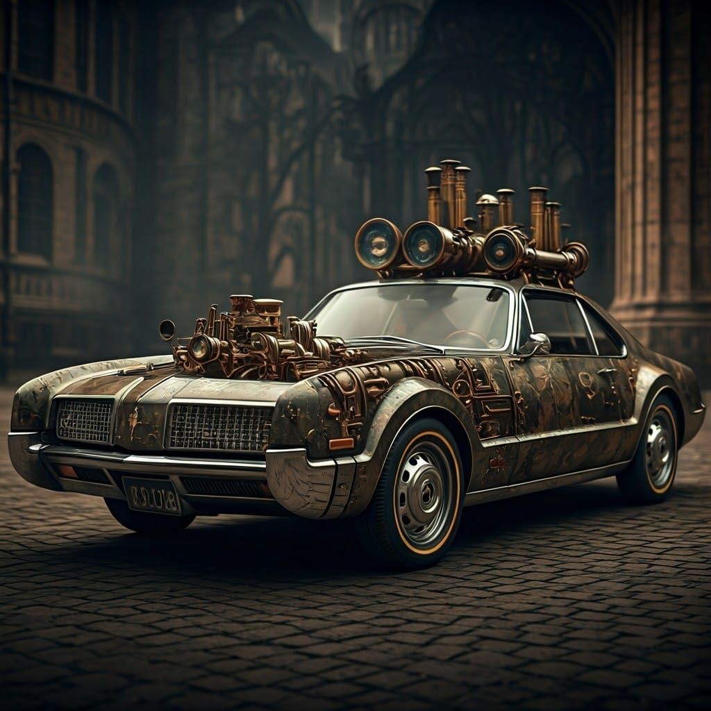 Steampunk Oldsmobile Toronado in Victorian Cityscape