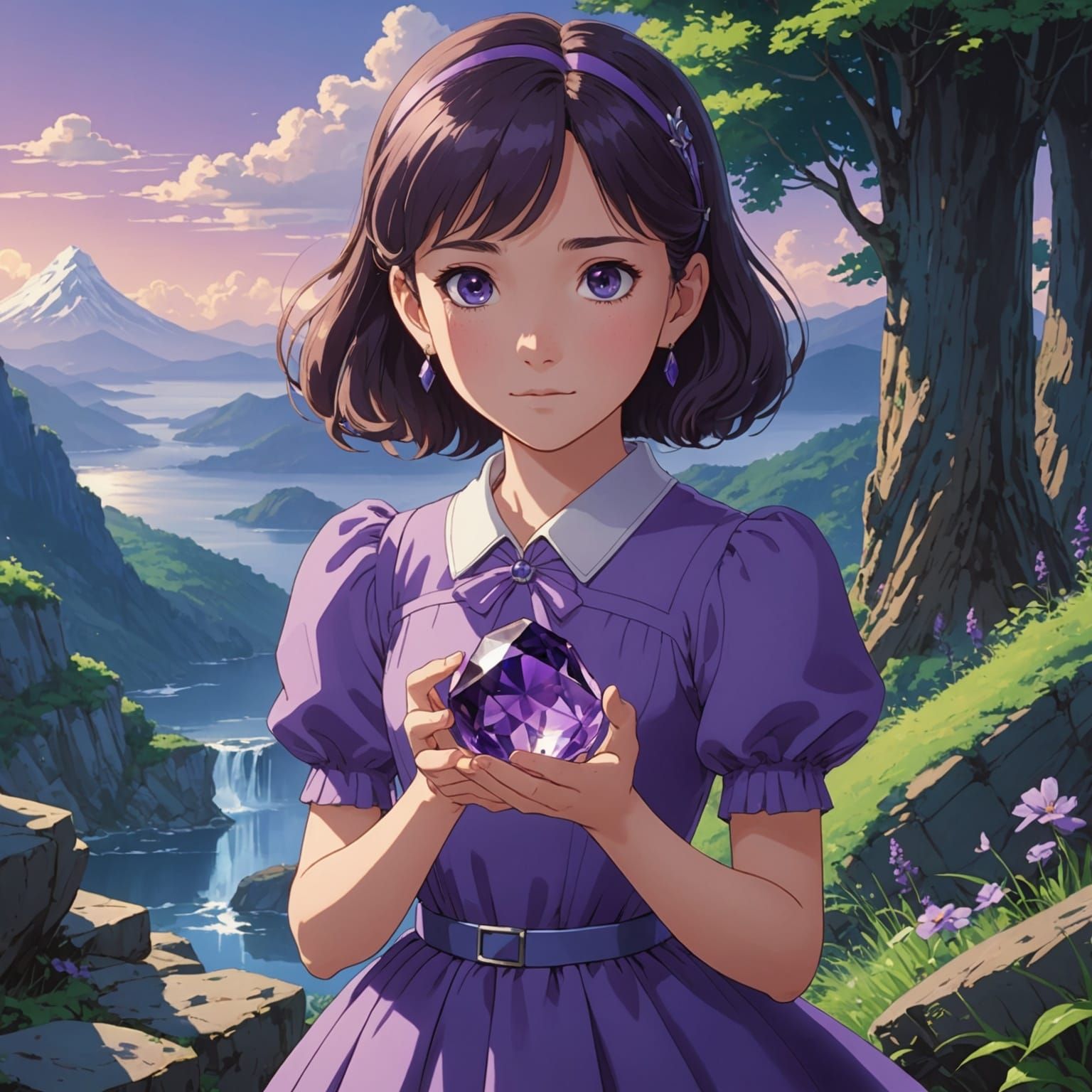 Girl with Amethyst: Studio Ghibli Anime Art