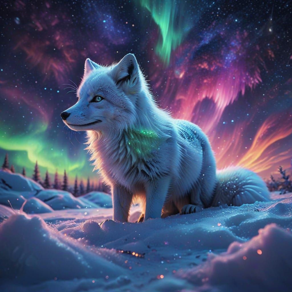 Aurora Borealis Arctic Fox Leaping Under Starry Sky
