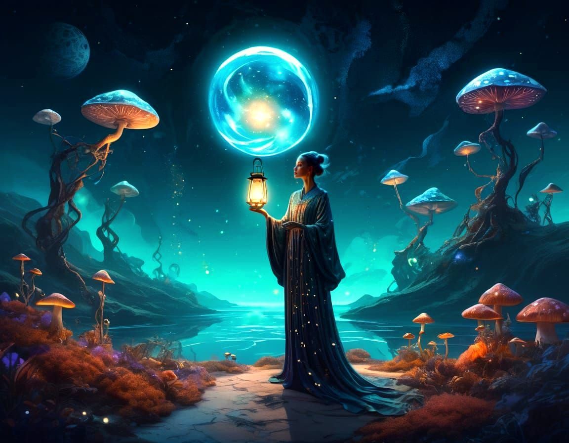 Starlight Woman with Lantern on Alien Planet