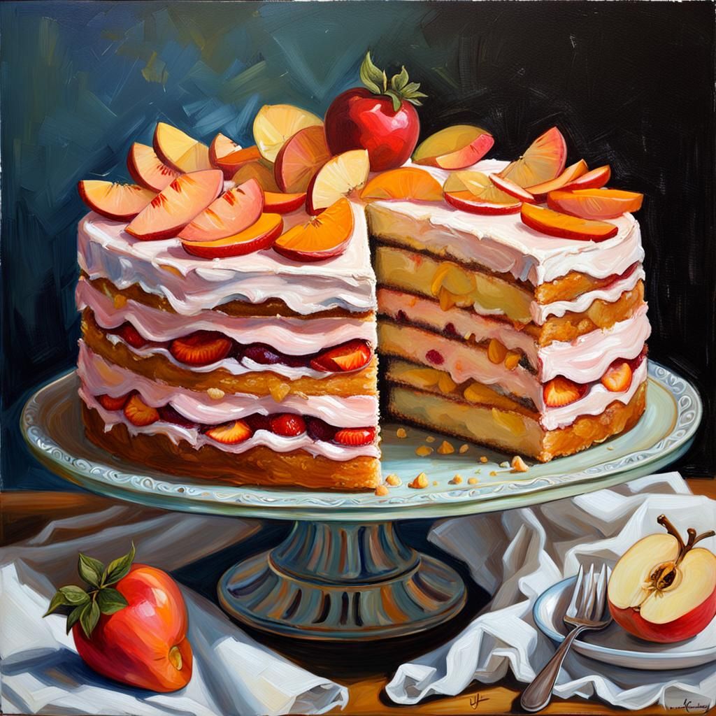 Peach and apple layered cake with strawberry cream