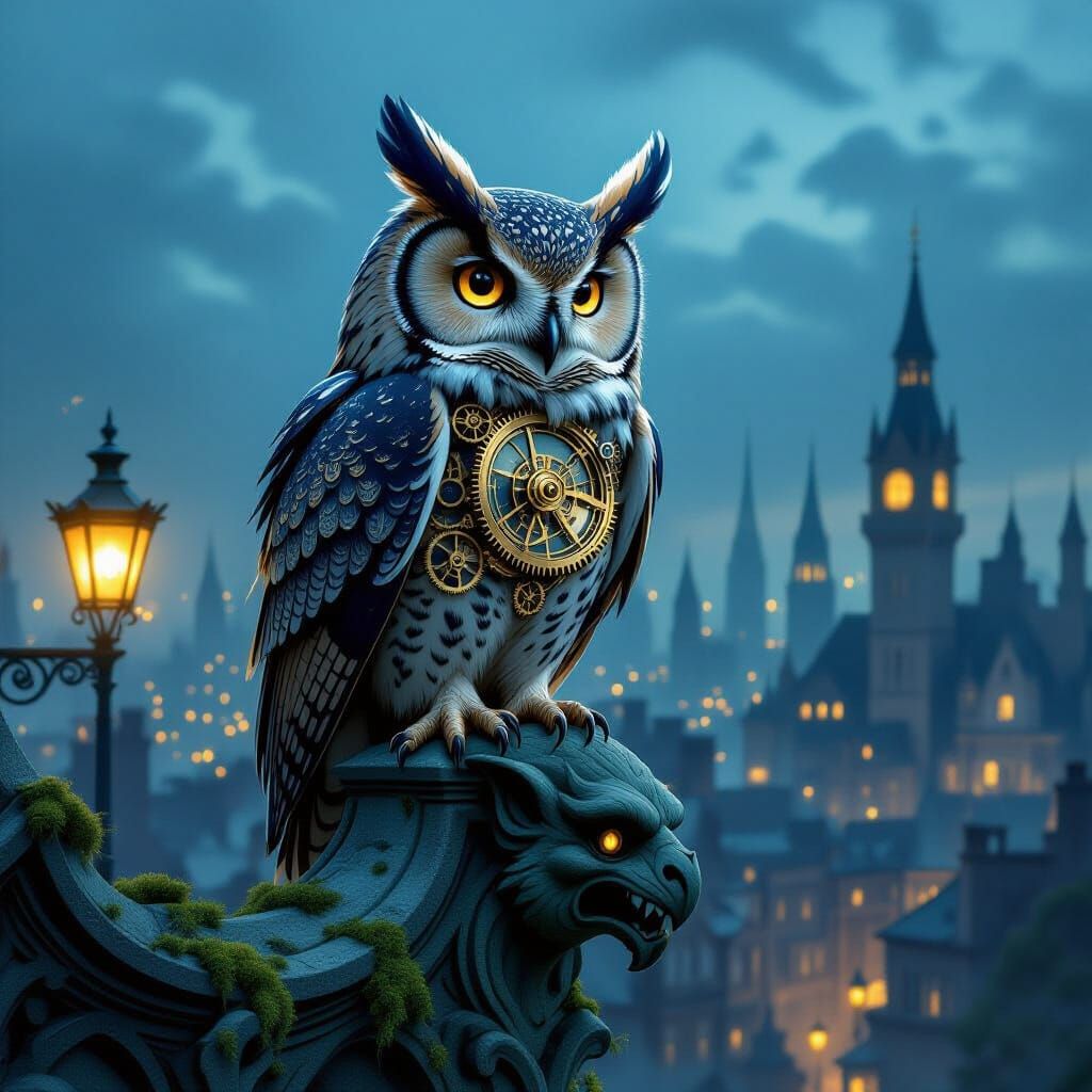 Clockwork Owl on Gargoyle Over Victorian City at Twilight