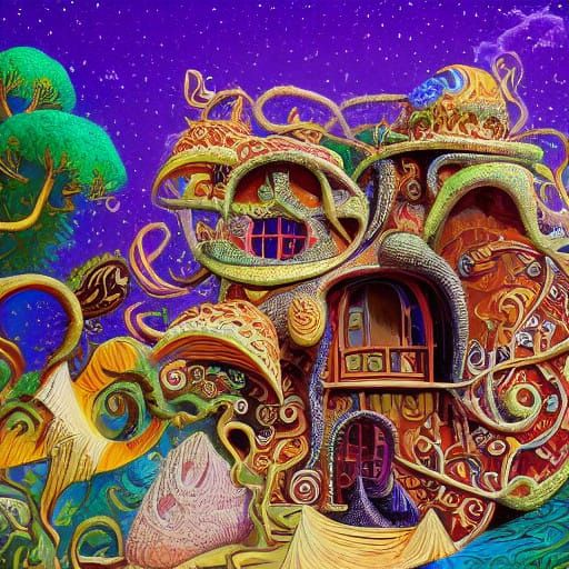 Whimsical Guitar Dwelling in Vibrant Surrealist Style