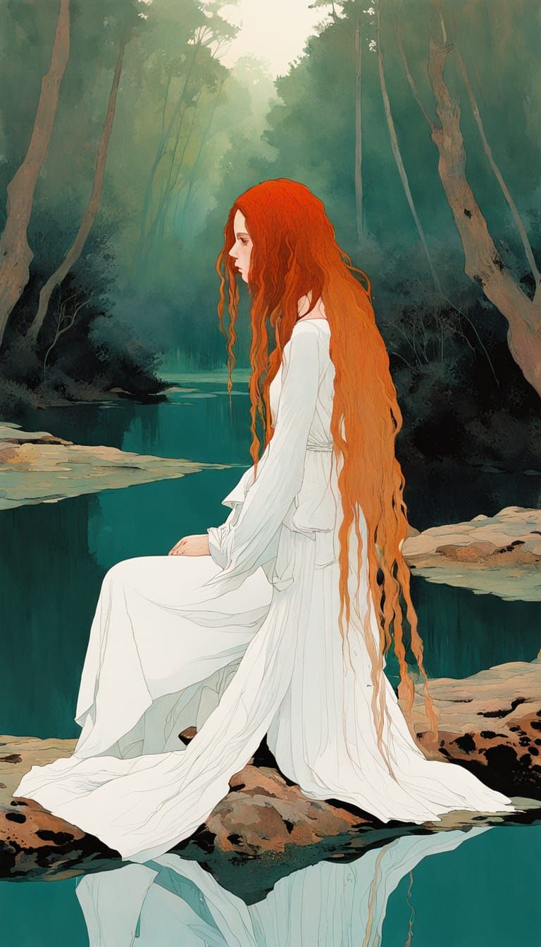 Redhead in White Gown by Forest Pond