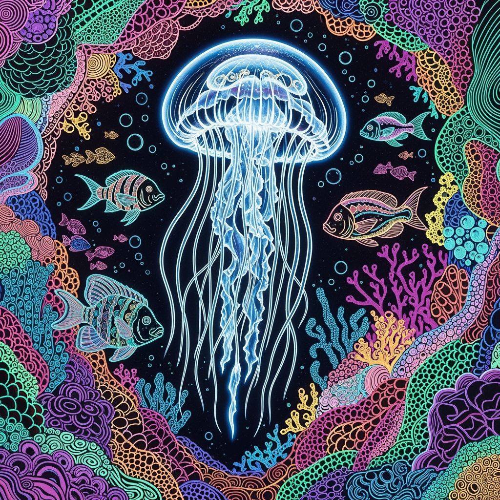 Translucent Jellyfish in UV Black Light Line Art