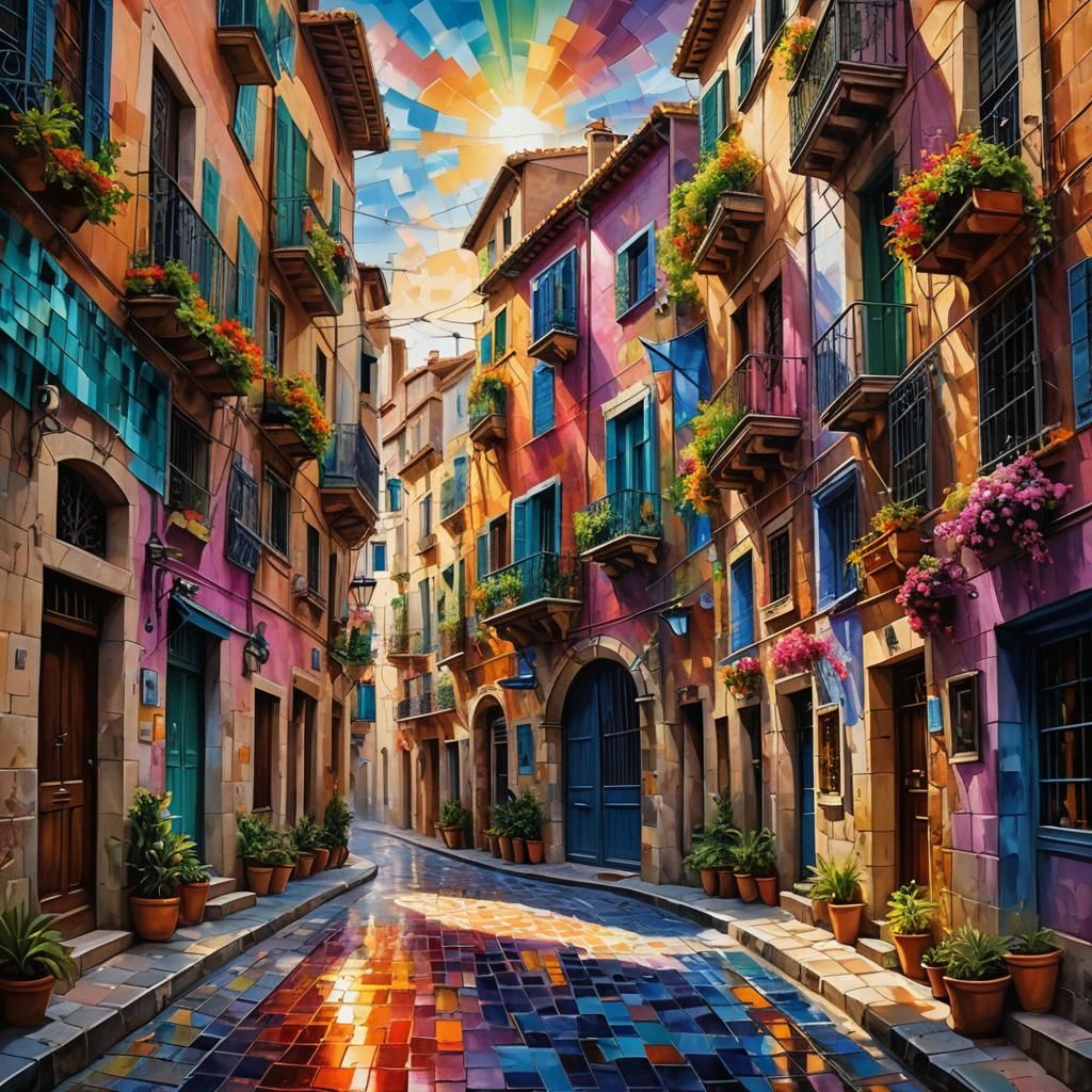 Oil Painting. Mediterranean spain village alley in the arfte...